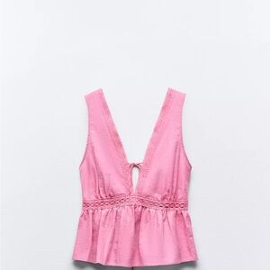 Zara Pink linen Lace Detail Tank Top